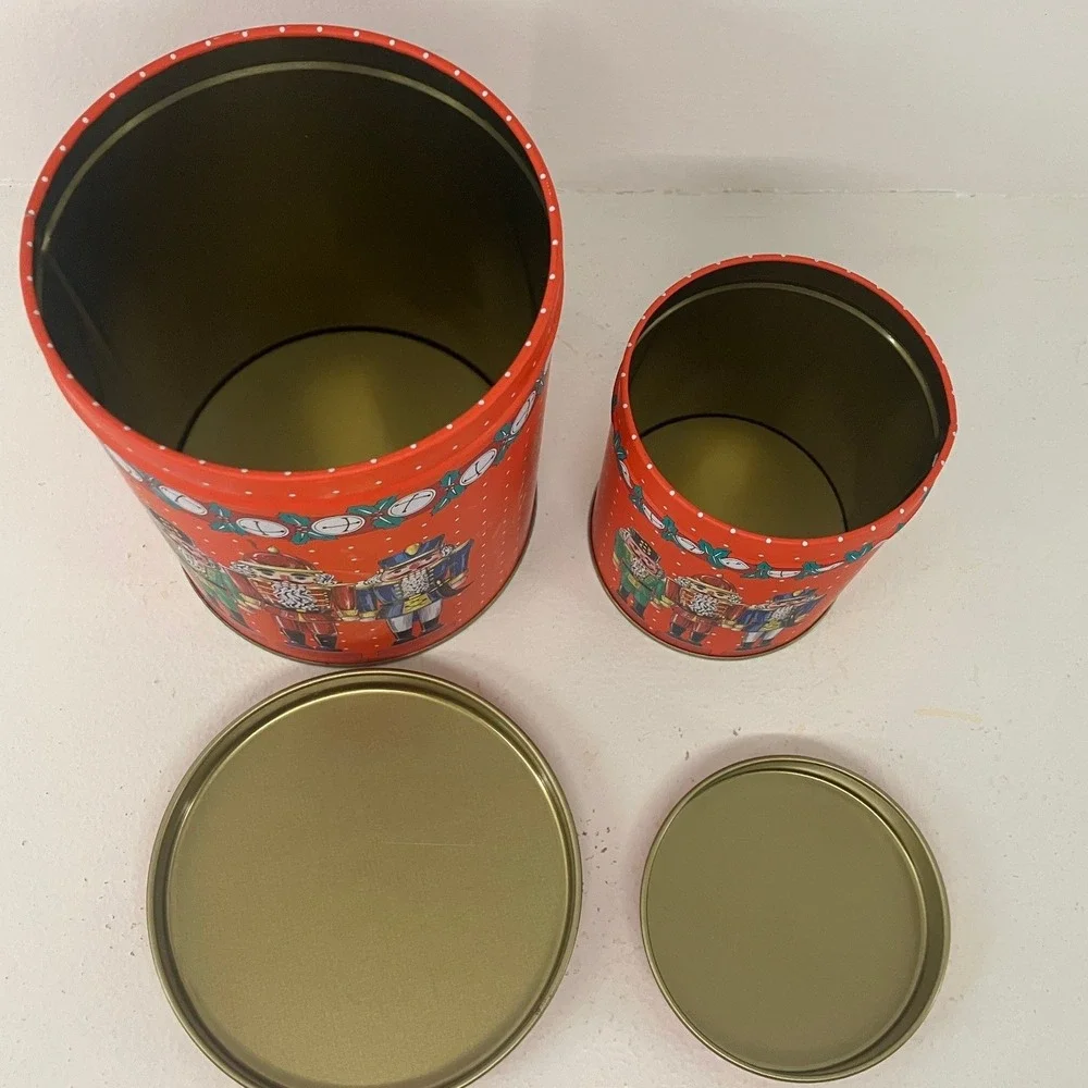 Christmas Nutcracker Red Nesting Metal Cookie Tin Holiday Trinket Storage Setof2